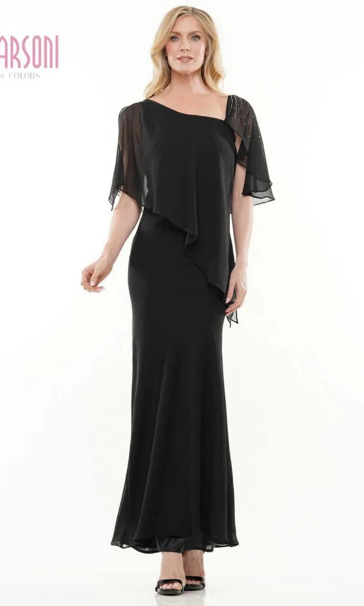 A woman wearing the black Marsoni M313 long formal dress with floor-length chiffon, asymmetrical sheer draped sleeves, and beaded embellishments stands against a plain white background.